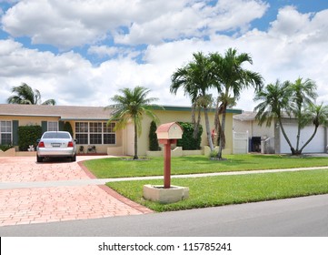 Suburban Home Mailbox Parked Car Palm Tree