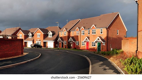 Suburban Housing Estate. Cul-de-sac In Cannock In England With Starter Home Town Houses