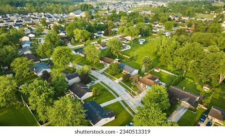 Suburban neighborhood forested green trees and lawns US village with fences and sheds