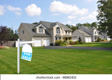 Suburban Neighborhood Home Realtor Sign On Front Yard Lawn Sunny Blue Cloud Sky Day