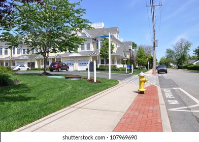 Suburban Neighborhood Sidewalk Street Sunny Blue Sky Day