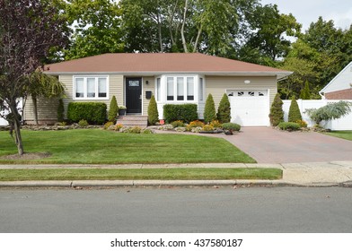 Suburban Ranch House Bay Window Flowers Residential Neighborhood USA