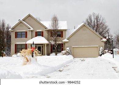 A Suburban Residential Home During Winter In Ohio, US.