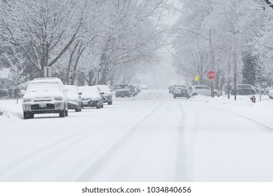 Suburban Street Covered In Heavy Winter Snow With Cars And Trees Covered In Snow