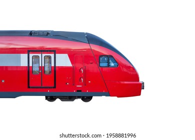 Suburban Train Passing At High Speed, Side View. Isolated On White Background