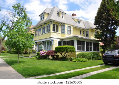 Suburban Victorian Style Home Yellow Beautifully Landscaped