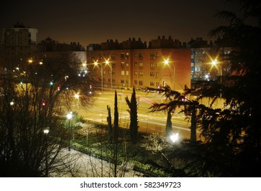 Suburbia, View, Madrid, Night, Traffic Lights, Road, Flat, Blocks, Bricks, Crossroad, Park, 