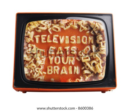 subversive spaghetti message on view of retro orange television