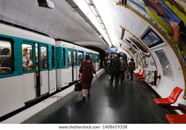 Subway car in  Metro station in Paris, France on\
April 19, 2019