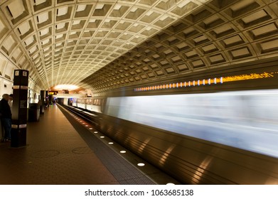 A Subway Car Pulls Out Of The Smithsonian Station In DC