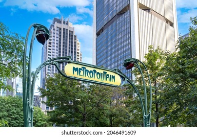 Subway entrance sign of a Montreal Metro, a rubber-tired underground rapid transit system serving Greater Montreal, Quebec, Canada. - Shutterstock ID 2046491609