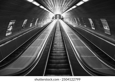 Subway escalator in the city of Prague