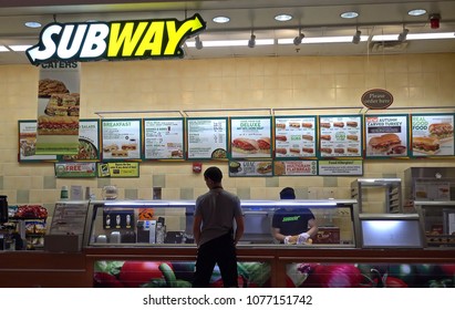 Subway Sandwiches Menu Counter, Made To Order Customer, Shopping Mall Food Court, Saugus, Massachusetts USA - November 9, 2016