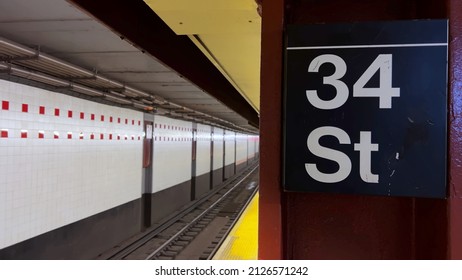 Subway Station In New York. 34th Street. Waiting For An Arriving Train. NYC Underground Public Transport. 