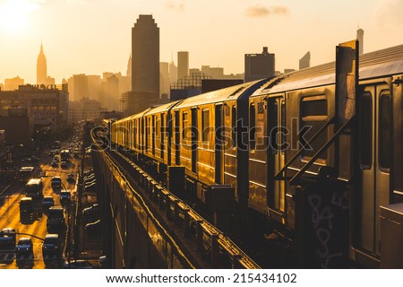 Subway Train in New York at Sunset