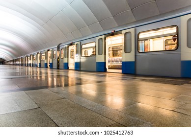 Subway train stopped at the station without people