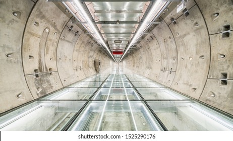 Subway Tunnel Walkway With No People. Public Transportation, Construction Industry, Civil Engineering, City Life, Or Futuristic Interior Design Concept