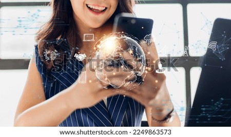 Success asian woman use smartphone with digital technology link internet connection network earth global world map connect internet online.Business world success and technology	