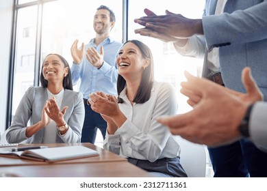 Success, audience with an applause and in a business meeting at work with a lens flare together. Achievement or celebration, motivation and businesspeople clapping hands for good news or support - Powered by Shutterstock