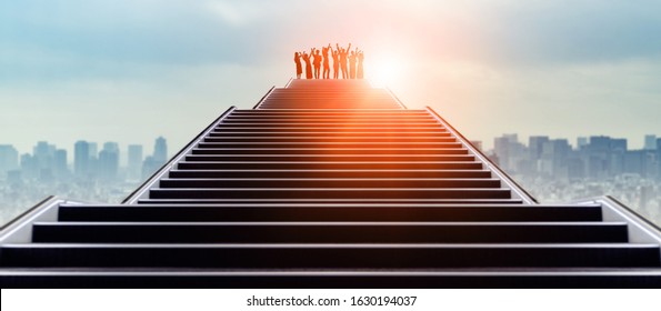 Success Of Business Concept. Group Of Businessperson On The Top Of Stairs.