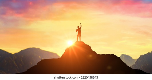 Success Business Leadership, Winner on top. Success. Silhouette man at peak of mountains. Panoramic view on mountains hills Successfully achieving your goal. Successful person has achieving new peak - Powered by Shutterstock