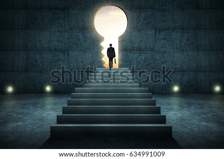 Success businessman climbing on stair against concrete wall with key hole door ,sunrise scene city skyline outdoor view .