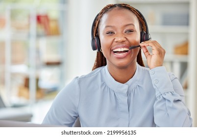 Success Call Center And Customer Service Black Woman Consulting, Communication And Talking To Contact Us Person. Happy CRM Telemarketing Support Agent, Friendly Girl Or Receptionist In Company Office