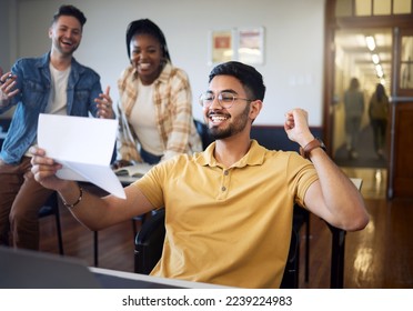 Success, celebration and students with results after exam in university. Goal achievement, education scholarship and group of people happy with friend with paper passing test and celebrating victory. - Powered by Shutterstock