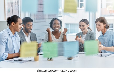 Success, Collaboration Or Celebration With A Team In A Virtual Meeting Or Video Call To Discuss The Vision And Mission For Their Company. Strategy, Teamwork And Training In A Workshop In A Boardroom