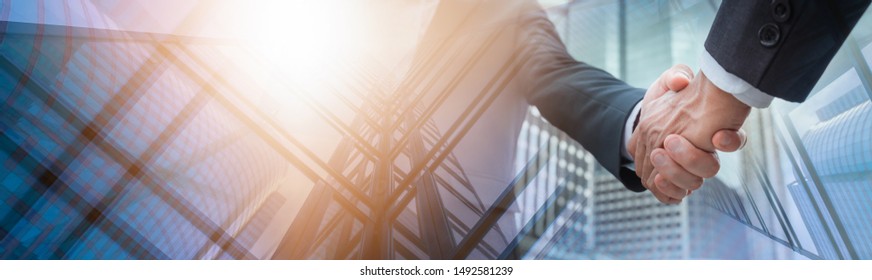 Success Concept. Professional Business Man Suit Handshake Congratulation,Group Business Man Standing over City Panoramic Background. Cooperative Meeting Office People Workplace, Space for Text