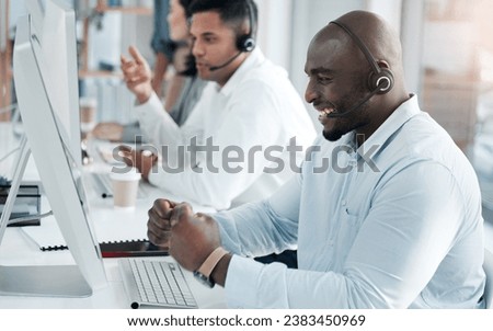 Success, consulting and call center with black man at computer for deal, customer service and telemarketing. Happy, winner and target with consultant in office for technical support, sales and goals