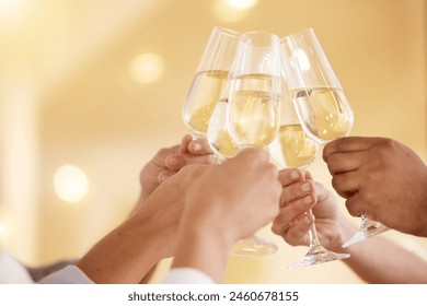 Success, hands and holiday party with toast, champagne and elegant people, Christmas and celebration together. Team, social and cheers for achievement, wine glasses and happiness at event and alcohol - Powered by Shutterstock