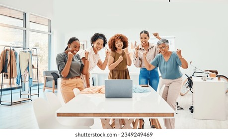 Success, laptop or happy people in celebration of fashion design victory or winning group achievement. Online sale, wow or excited designers cheering for teamwork, goal target or bonus promotion deal - Powered by Shutterstock