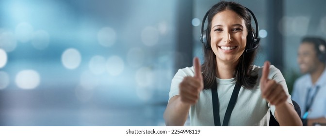 Success, mockup or consultant with thumbs up in call center helping, talking or networking online. Portrait, happy woman or insurance agent in communication at customer services with like or ok sign - Powered by Shutterstock