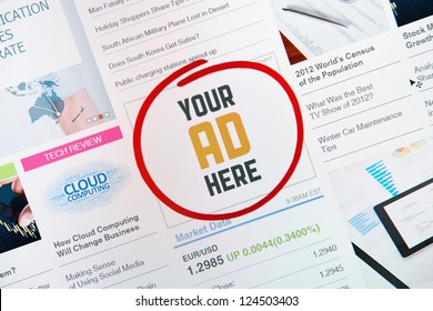 Success online internet banner with text "YOUR AD HERE" on a web site. Web page with all pictures and informations are created by contributor himself.