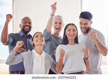 Success, portrait and group celebration of business people for achievement, goals or target. Face, winner team and excited employees celebrate winning together, good news or bonus, prize or promotion - Powered by Shutterstock