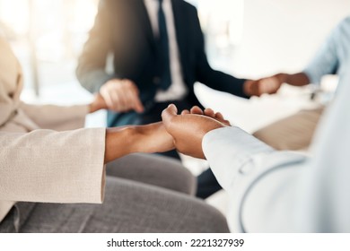 Success, prayer and business team holding hands in office meeting together for hope, trust and support. Teamwork, faith and motivation in meditation for work mindset, balance and stress management. - Powered by Shutterstock