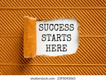 Success starts here symbol. Concept word Success starts here on beautiful white paper. Beautiful brown table brown background. Business motivational success starts here concept. Copy space. - Shutterstock ID 2395043065
