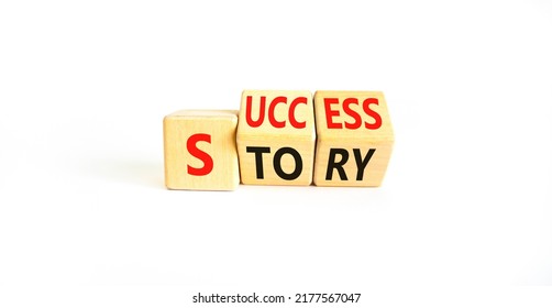 Success Story Symbol. Concept Words Success Story On Wooden Cubes. Beautiful White Table White Background. Business And Success Story Concept. Copy Space.