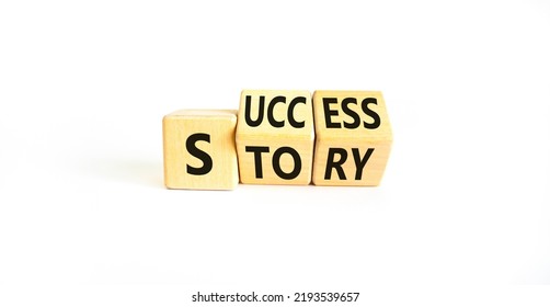 Success Story Symbol. Concept Words Success Story On Wooden Cubes. Beautiful White Table White Background. Business And Success Story Concept. Copy Space.