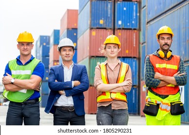 Success Teamwork Concept, Business people engineer and worker team standing with arms crossed as sign of success blurred container box background