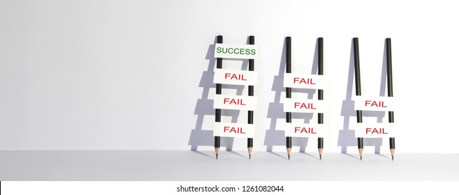 To Success Through Failures, Leader Concept, Minimal,  Pencil Ladder, Never Give Up And Move Up, Metaphoric Obstacle