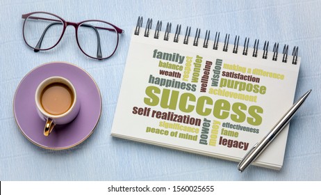 Success Word Cloud In A Sketchbook With A Cup Of Coffee, Business, Career, Happiness, Lifestyle, Wealth And Personal Development Concept