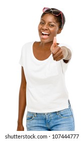 Successful African American student holding thumbs up white background