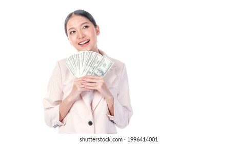 Successful Beautiful Asian Business Young Woman Holding Money US Dollar Bills In Hand , Business Concept