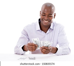 Successful Business Man Counting Money - Isolated Over White 