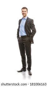 Successful business man in suit is posing in studio isolated over white background. Full body portraits.