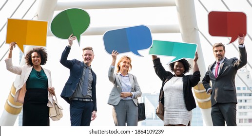 Successful business people with speech bubbles