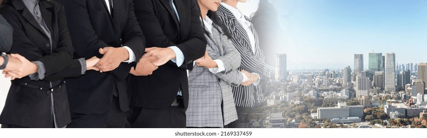 Successful Business People Standing Together Showing Strong Relationship Of Worker Community. A Team Of Businessman And Businesswoman Expressing A Strong Group Teamwork At Office Broaden View