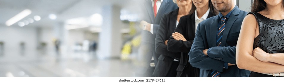 Successful Business People Standing Together Widen Out Showing Strong Relationship Of Worker Community. A Team Of Businessman And Businesswoman Expressing A Strong Group Teamwork At The Modern Office.